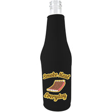 Load image into Gallery viewer, Black zipper beer bottle koozie with smoke meat everyday design
