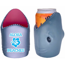 Load image into Gallery viewer, shark shaped koozie with aloha beaches design
