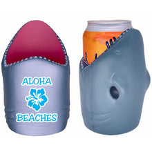 Load image into Gallery viewer, shark shaped koozie with aloha beaches design