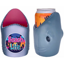 Load image into Gallery viewer, shark shaped koozie with beach life design
