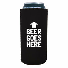 Load image into Gallery viewer, funny 16oz black koozie with beer goes here text design