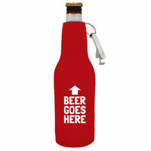 Load image into Gallery viewer, Beer Goes Here Beer Bottle Coolie w/Opener Attached