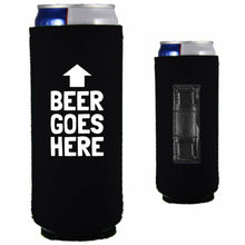 Load image into Gallery viewer, black magnetic slim can koozie with beer goes here funny text design