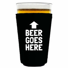 Load image into Gallery viewer, black pint glass koozie with beer goes here funny design text