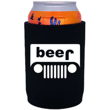 Load image into Gallery viewer, black can koozie with beer jeep funny design
