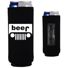 Load image into Gallery viewer, black slim can koozie with beer jeep funny design
