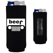 Load image into Gallery viewer, black slim can koozie with beer jeep funny design