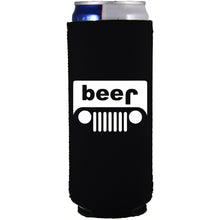 Load image into Gallery viewer, black slim can koozie with beer jeep funny design