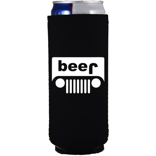black slim can koozie with beer jeep funny design