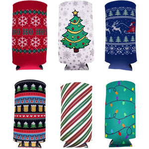 Christmas Holiday Pattern Slim 12oz Can Coolie Variety 6 Party Pack