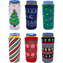 Load image into Gallery viewer, slim can koozie 6 pack with holiday christmas designs and prints