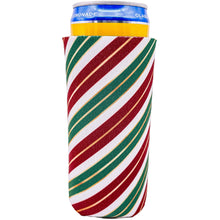Load image into Gallery viewer, slim skinny can koozie with christmas stripes pattern design print