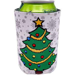 can koozie with christmas tree and snowflake design print