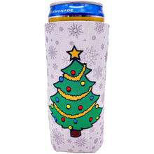 Load image into Gallery viewer, slim skinny can koozie with christmas tree and snowflake pattern design print