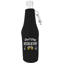 Load image into Gallery viewer, black zipper beer bottle koozie with opener and don&#39;t stop beerlievin&#39; design
