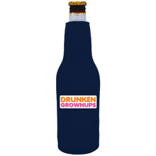 Load image into Gallery viewer, navy blue bottle koozie with drunken grownups funny design