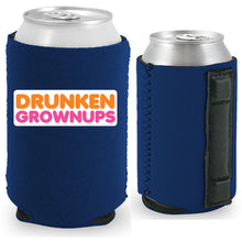 Load image into Gallery viewer, navy magnetic can koozie with drunken grownups funny design