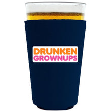 Load image into Gallery viewer, navy blue pint glass koozie with drunken grownups funny design