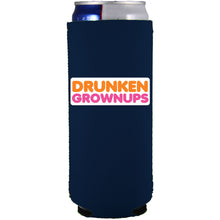 Load image into Gallery viewer, navy blue slim can koozie with drunken grownups funny design