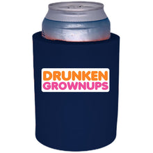 Load image into Gallery viewer, navy thick foam can koozie with drunken grownups funny design
