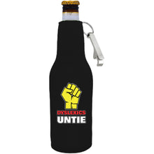 Load image into Gallery viewer, Black zipper beer bottle with opener and dyslexics unite