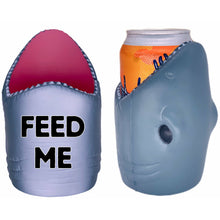 Load image into Gallery viewer, shark shaped koozie with feed me text design
