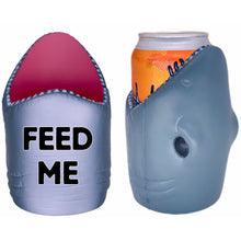 Load image into Gallery viewer, shark shaped koozie with feed me text design