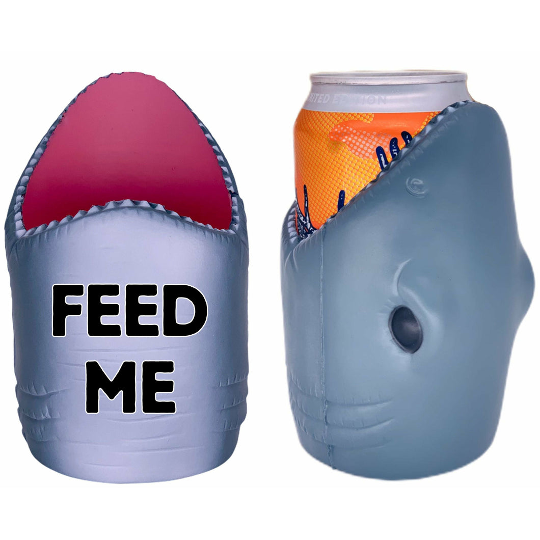 shark shaped koozie with feed me text design