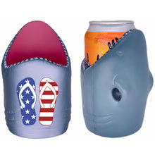 Load image into Gallery viewer, shark shaped koozie with flip flop stars and stripes print design