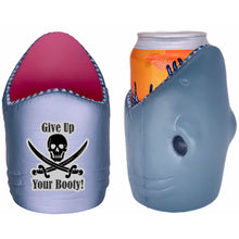 Load image into Gallery viewer, shark shaped koozie with give up your booty text and jolly roger design

