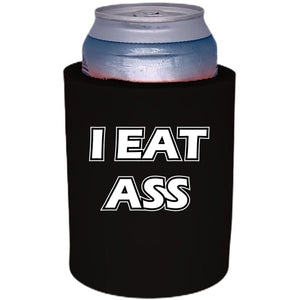 black thick foam can koozie with "i eat ass" funny text design