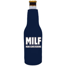 Load image into Gallery viewer, navy zipper beer bottle koozie with milf man i love fishing design