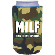 Load image into Gallery viewer, camo can koozie with &quot;MILF, man i love fishing&quot; funny text design

