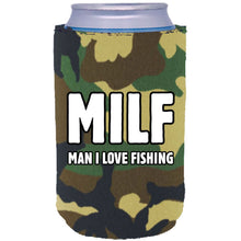 Load image into Gallery viewer, camo can koozie with "MILF, man i love fishing" funny text design