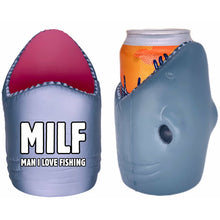 Load image into Gallery viewer, shark shaped koozie with milf, man i love fishing funny design
