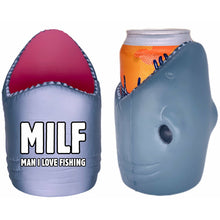 Load image into Gallery viewer, shark shaped koozie with milf, man i love fishing funny design