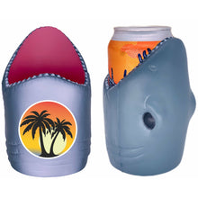 Load image into Gallery viewer, shark shaped koozie with palm trees at sunset design
