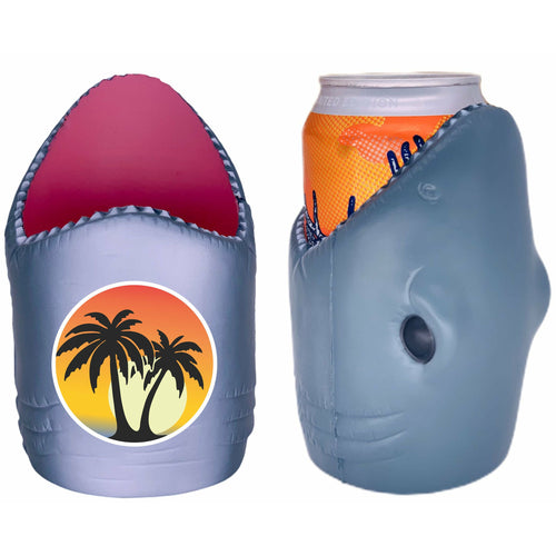 shark shaped koozie with palm trees at sunset design
