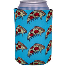 Load image into Gallery viewer, can koozie with pizza slice pattern and light blue background print all over design