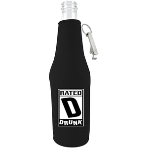 black zipper beer bottle koozie with opener and funny rated d for drunk design 