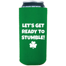 Load image into Gallery viewer, Green 16 oz. Can Koozie with Let's Get Ready to Stumble Design in White