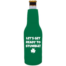 Load image into Gallery viewer, Green Beer Bottle Koozie with Let's Get Ready to Stumble Design in White