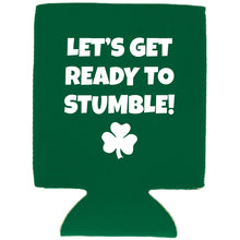 Load image into Gallery viewer, Green Magnetic Can Koozie with Let's Get Ready to Stumble Design in White