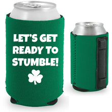 Load image into Gallery viewer, Green Magnetic Can Koozie with Let's Get Ready to Stumble Design in White