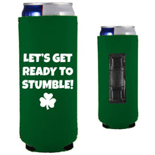 Load image into Gallery viewer, Green Slim Can Koozie with Let's Get Ready to Stumble Design in White