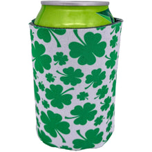 Load image into Gallery viewer, White 12 oz. Can Koozie with Green Shamrock Pattern Print