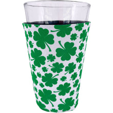 Load image into Gallery viewer, White Pint Glass Koozie with Green Shamrock Pattern Print