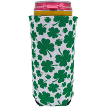 Load image into Gallery viewer, White Slim Can Koozie with Green Shamrock Pattern Print