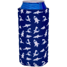 Load image into Gallery viewer, 16 oz can koozie with shark silhouette pattern on navy background