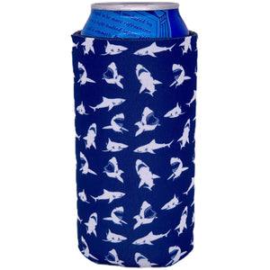 16 oz can koozie with shark silhouette pattern on navy background